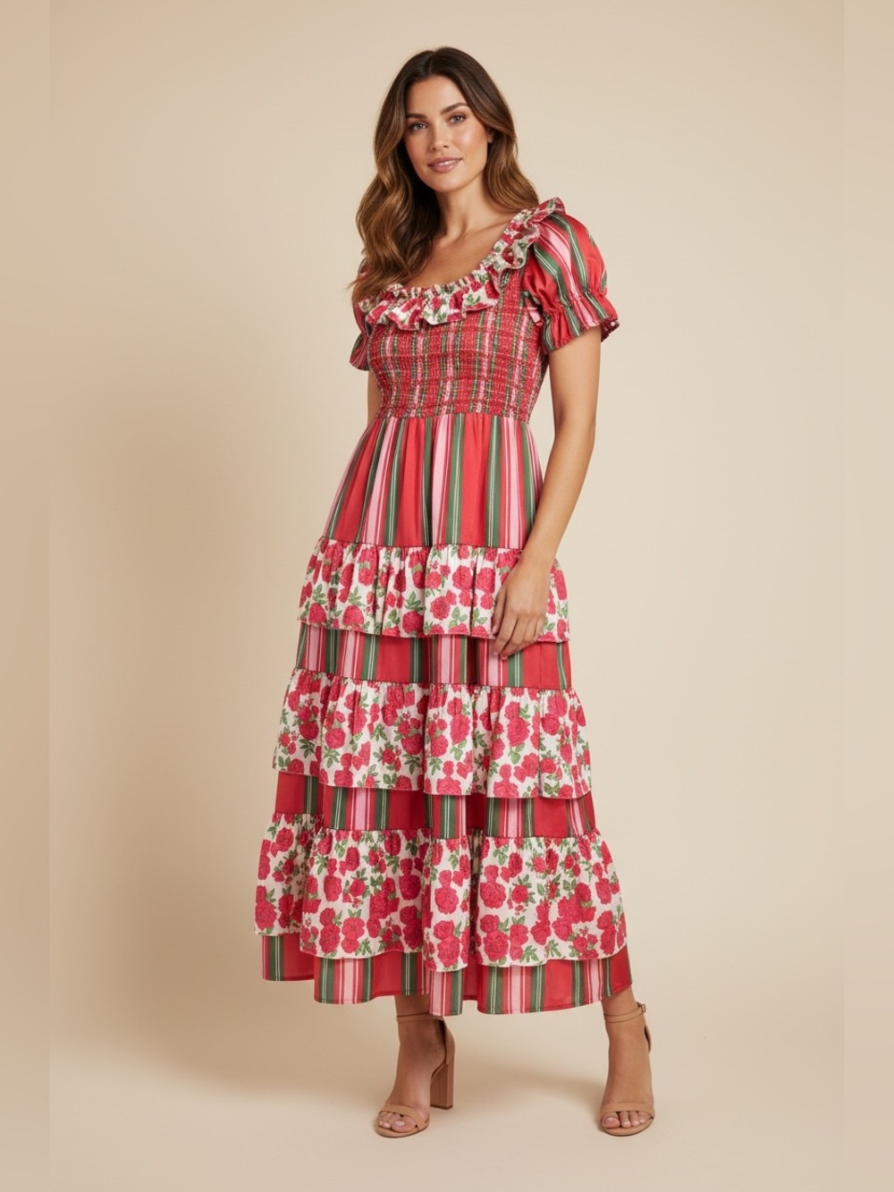 Dondolo Rose Floral & Stripe Smocked Maxi Dress, Size Small